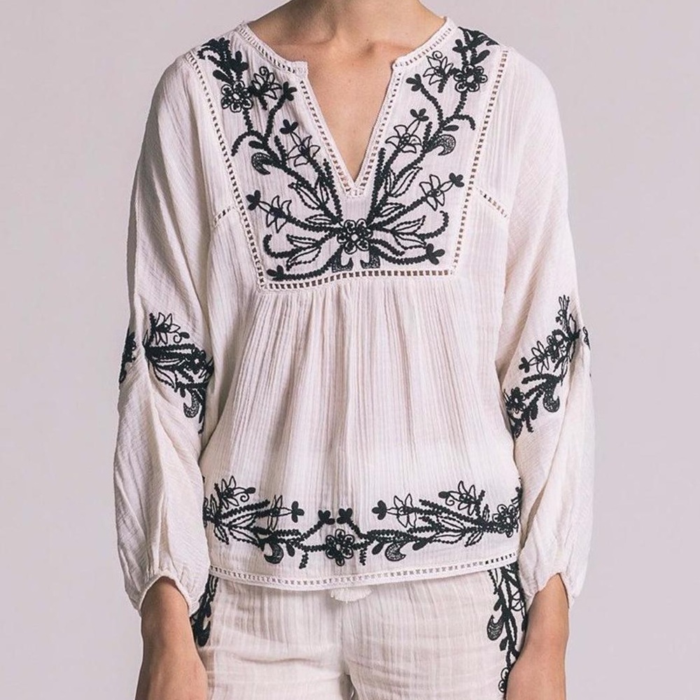 MISA Stella white black embroidered cotton boho gauze blouse top